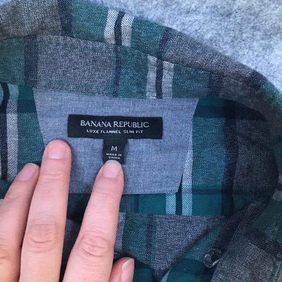 Banana Republic Luxe Flannel Shirt, Green Plaid, Slim Fit, Men's Size M, Comfy - Picture 6 of 7